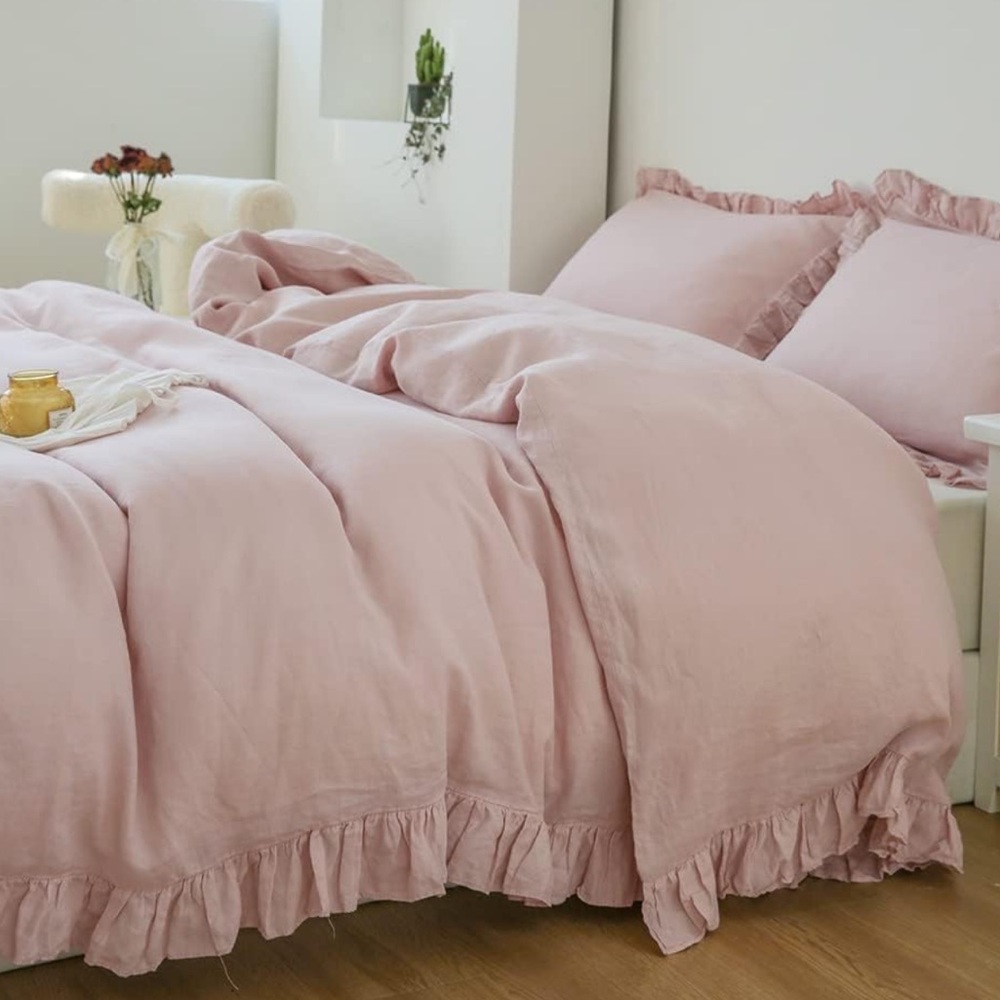 🆕 Linen Duvet Set King Luxury Bedding Soft Pink Ballet NEW NWT